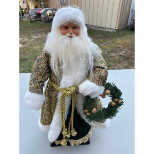 Vintage Santa Claus Figurine With Wreath & Gold Tapestry Robe